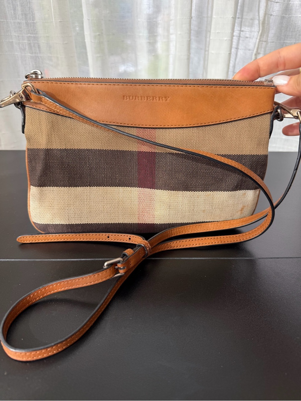 Burberry Tan and Brown Check Crossbody Bag with Leather Trim